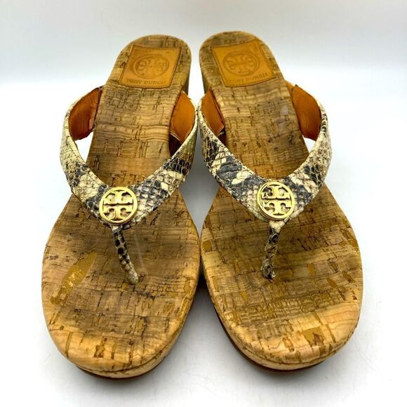 Tory Burch Thora Shake Print Leather/Cork Wedge Sandals Size 7,5 - Picture 2 of 8